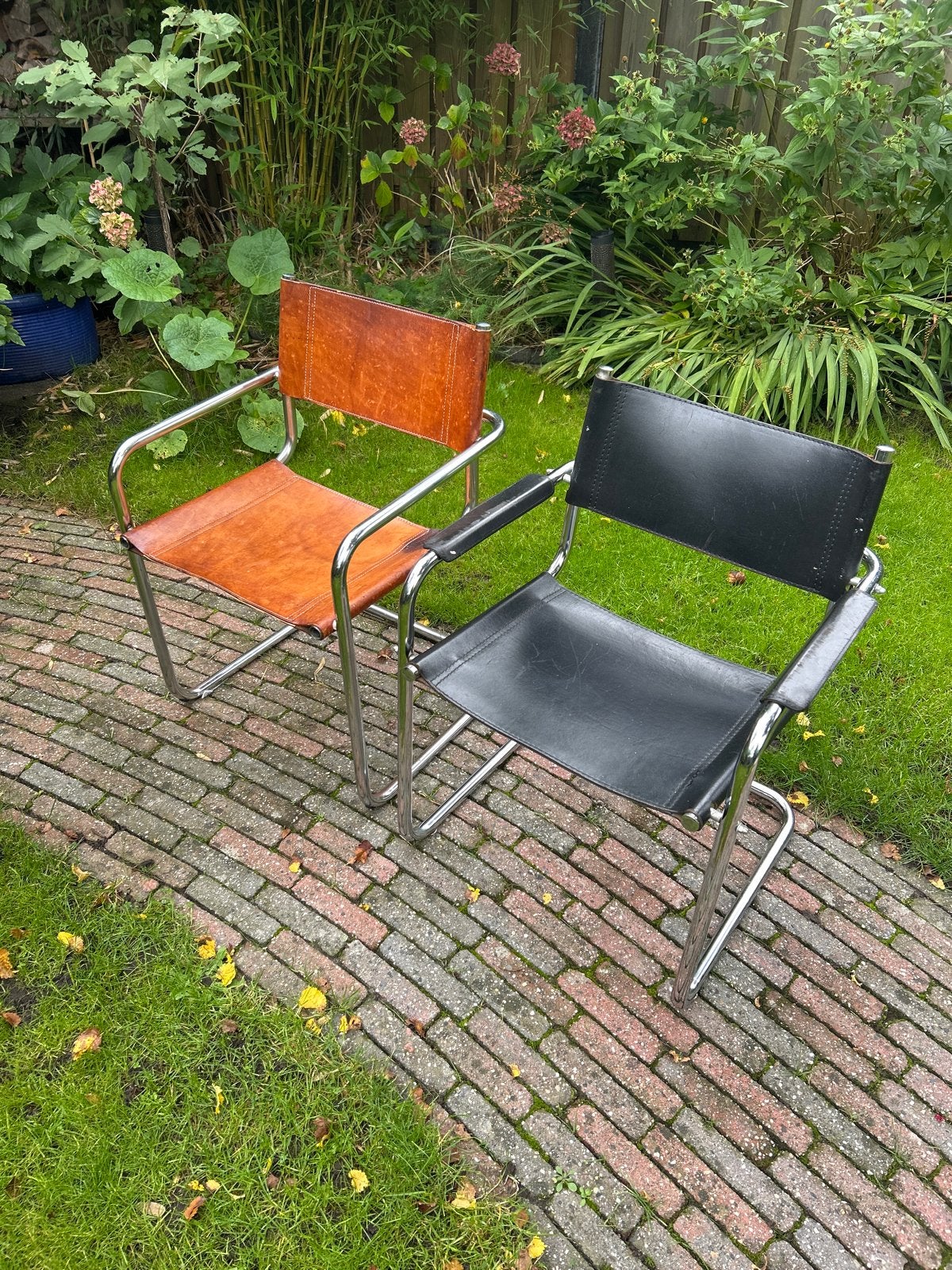 Set van 2 Bauhaus stijl buisframe stoelen, leer en chroom, Huis en Inrichting, Gebruikt, Twee, Bruin, Leer