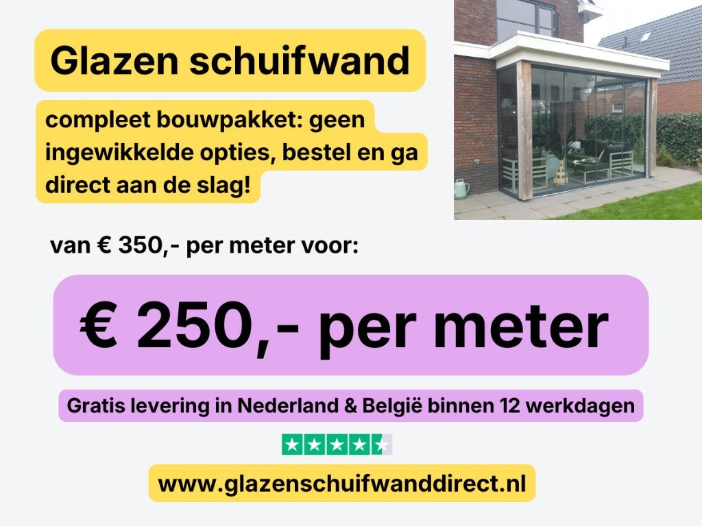 Glazen Schuifwand €250 per meter | Compleet bouwpakket, Tuin en Terras, Overkappingen, Ophalen of Verzenden, Nieuw, Veranda