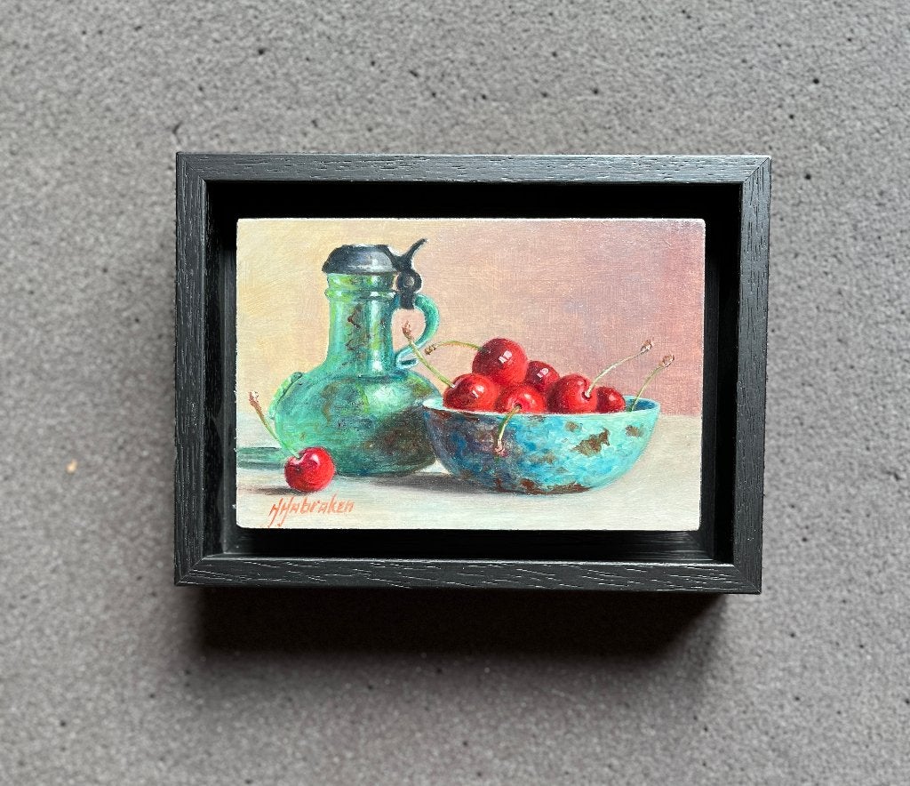 Schilderij kan, kersen in een schaal. Hans Habraken.