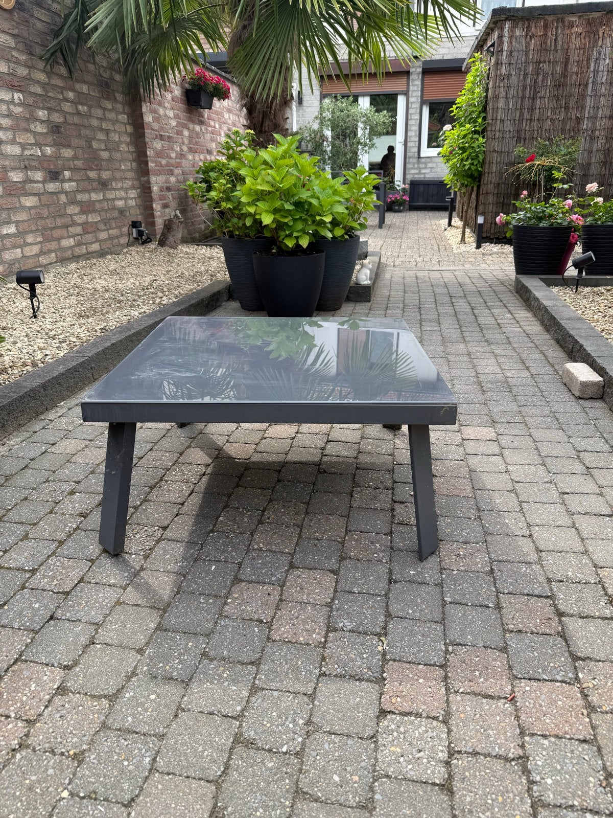 Moderne vierkante tuintafel met glazen blad, Ophalen, Gebruikt, Vierkant, Metaal