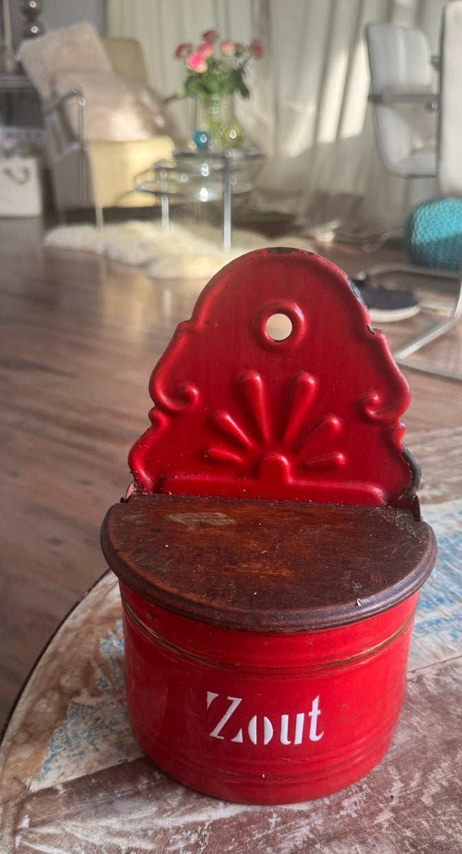 Vintage Rood Emaille Zoutbak met Houten Deksel, Antiek en Kunst, Verzenden