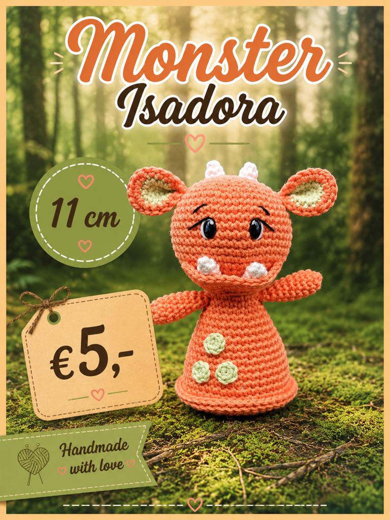 Nieuw gehaakt knuffelmonster Isadora - 11 cm, Oranje, Handgemaakt, Overige typen, Nieuw
