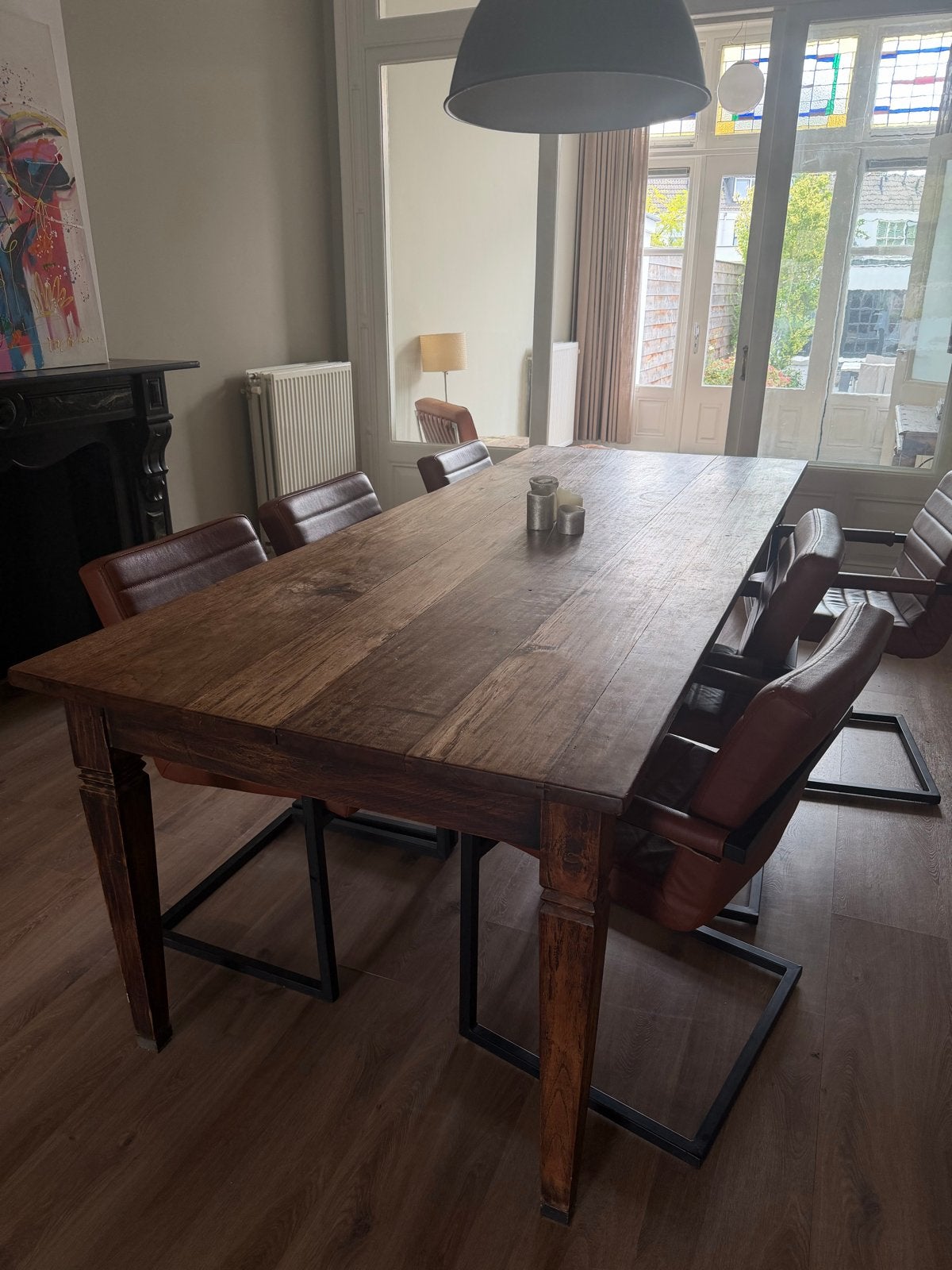 Robuuste houten eettafel met 6 stoelen, Ophalen, Gebruikt, 200 cm of meer, 50 tot 100 cm