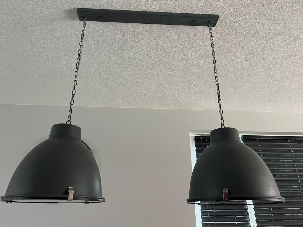 Industriële hanglamp - Grijs metaal, 2 kappen, Ophalen of Verzenden, Gebruikt