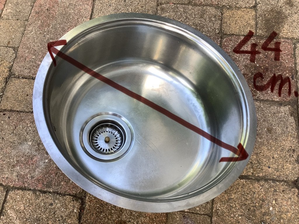 Ronde RVS spoelbak, wasbak compleet met klemmen en stop., Ophalen, Gebruikt, 50 tot 100 cm, Minder dan 100 cm