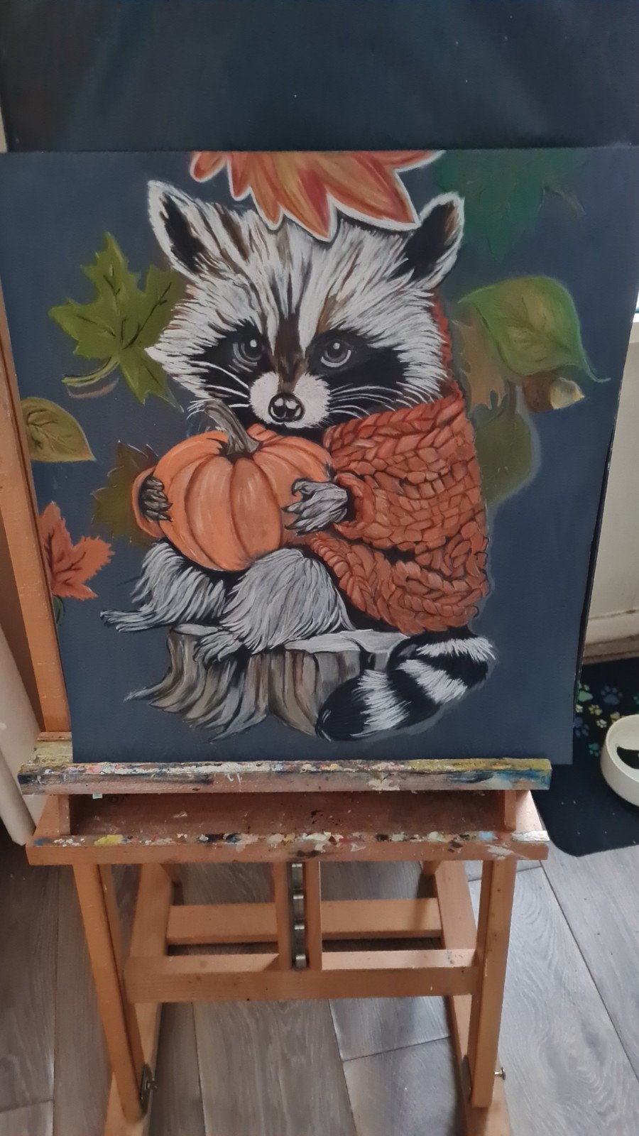 Racoon Herfst - Softpastel op Pastelmat papier, Antiek en Kunst, Ophalen of Verzenden, Papier/karton, Pastel, Dieren