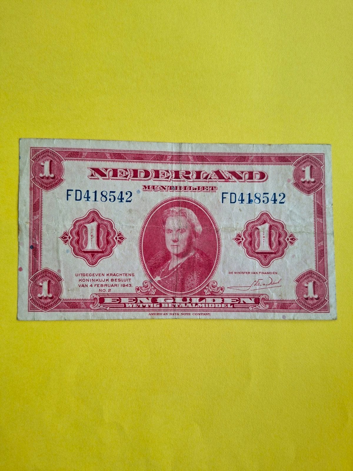 1 gulden Wilhelmina uit 1943
in ZF
Serie nummer FD 418542
NV, Ophalen of Verzenden, 1 gulden, Los biljet