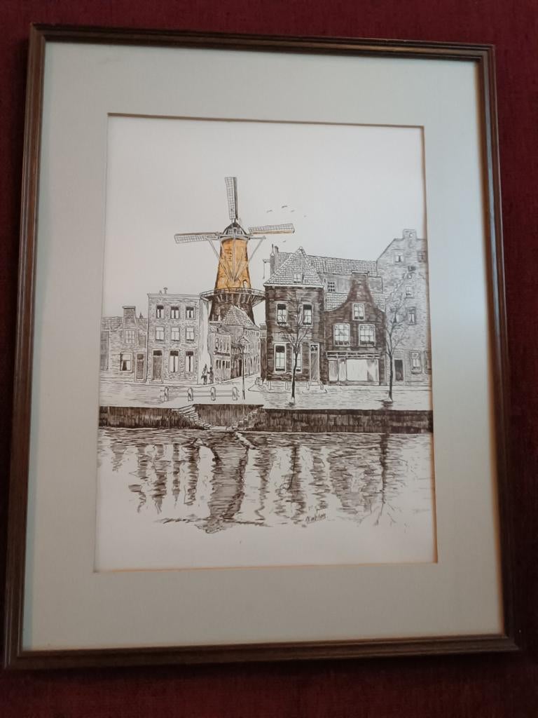 Tekening M.C. Weber molen bij het water, Ophalen of Verzenden