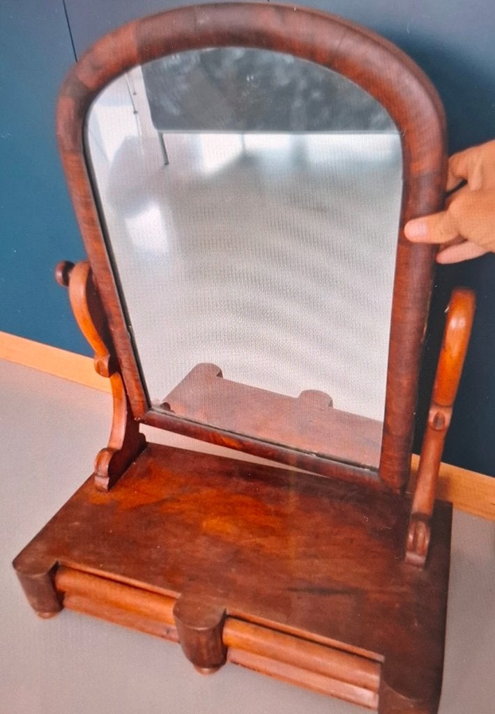 Antiek Mahoniehouten Kapspiegel / Toiletspiegel met Lade, Antiek en Kunst, Ophalen of Verzenden, Rechthoekig, Minder dan 50 cm