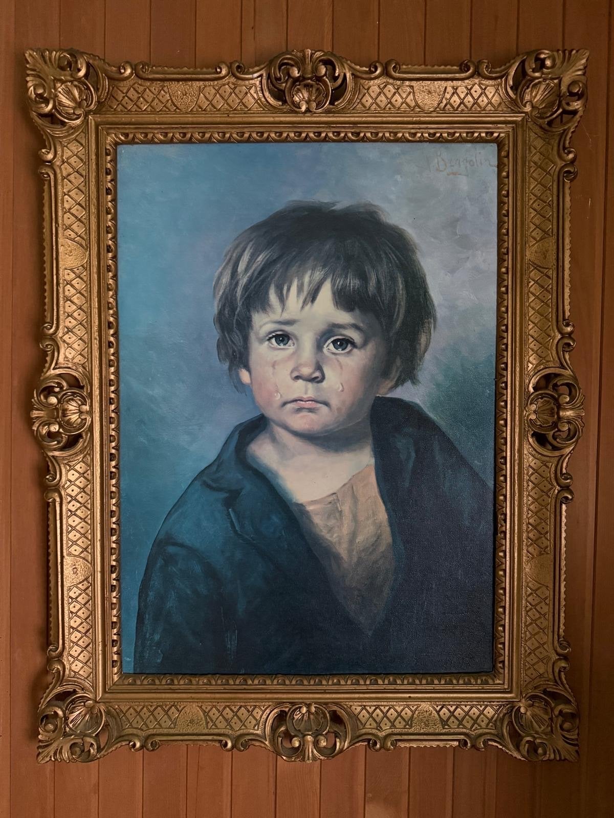 Olieverfschilderij Huilende Jongen in Gouden Lijst canvas, Antiek en Kunst, Kunst | Schilderijen | Klassiek, Ophalen, Doek, Portret of Personen
