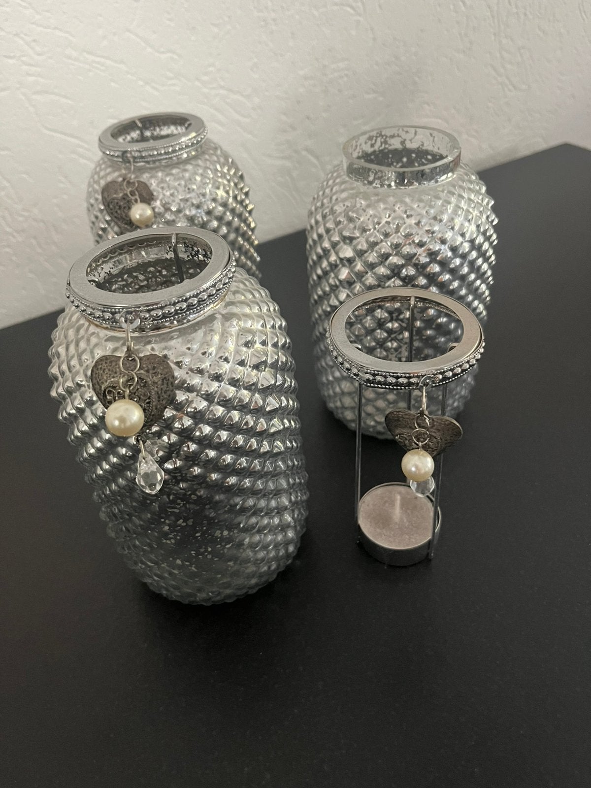 Drie waxinelichtjes houders hoog 17 cm. Doorsnede 10 cm., Overige merken, Waxinelichthouder, Ophalen of Verzenden, Zilver
