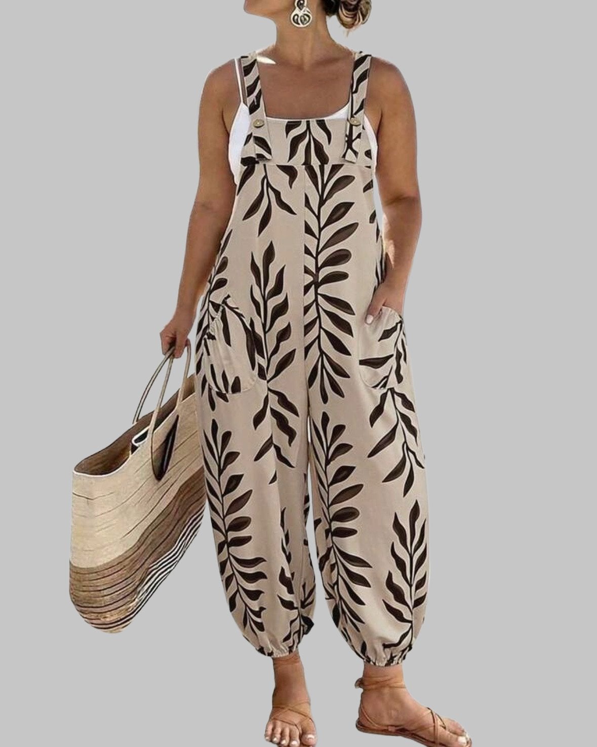 Zomerse Jumpsuit met Bladprint (44-52), Kleding | Dames, Verzenden, Nieuw, Beige, Broek of Spijkerbroek