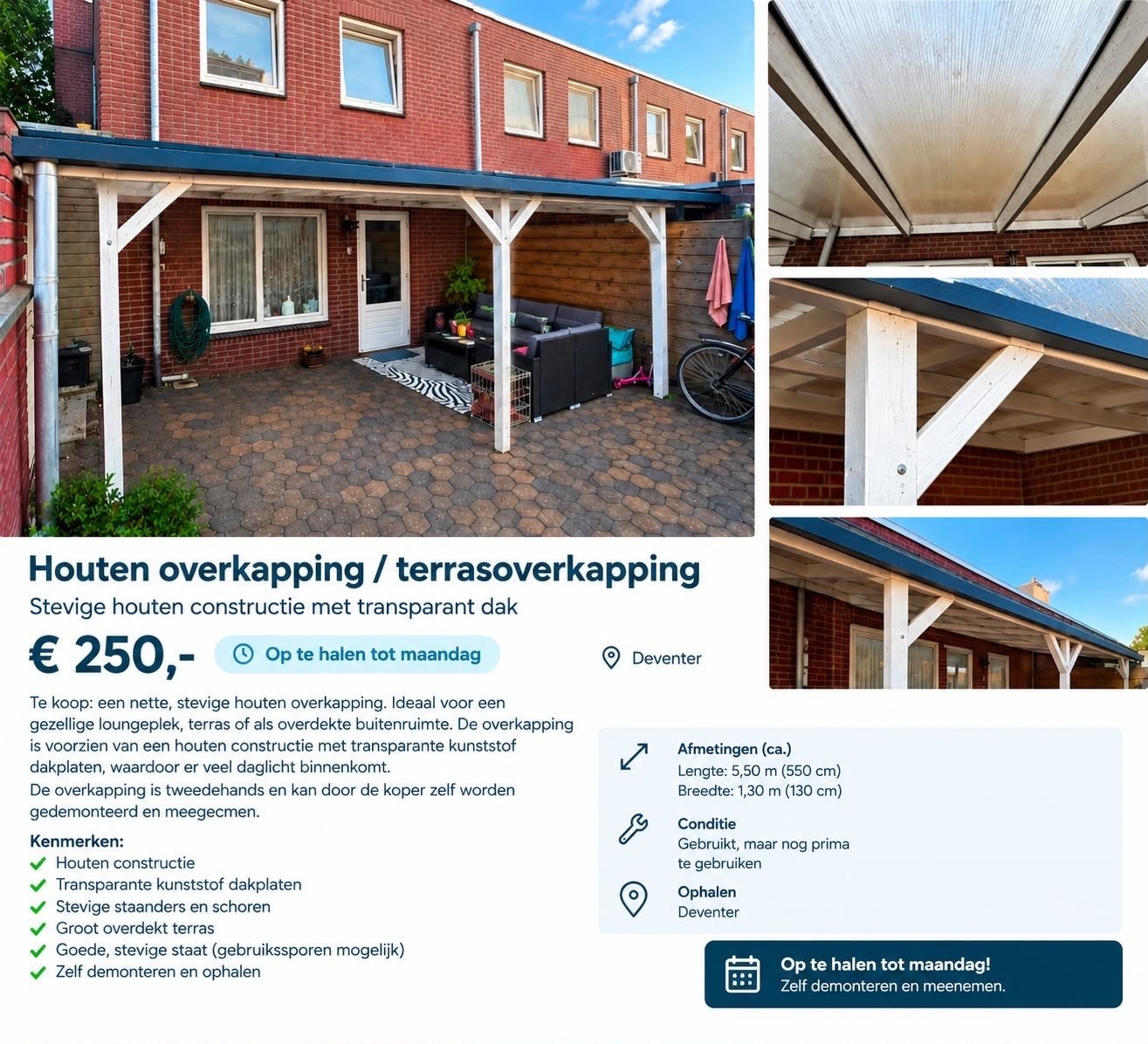 Stevige houten overkapping / terrasoverkapping, Tuin en Terras, Ophalen of Verzenden, Gebruikt, Overige typen