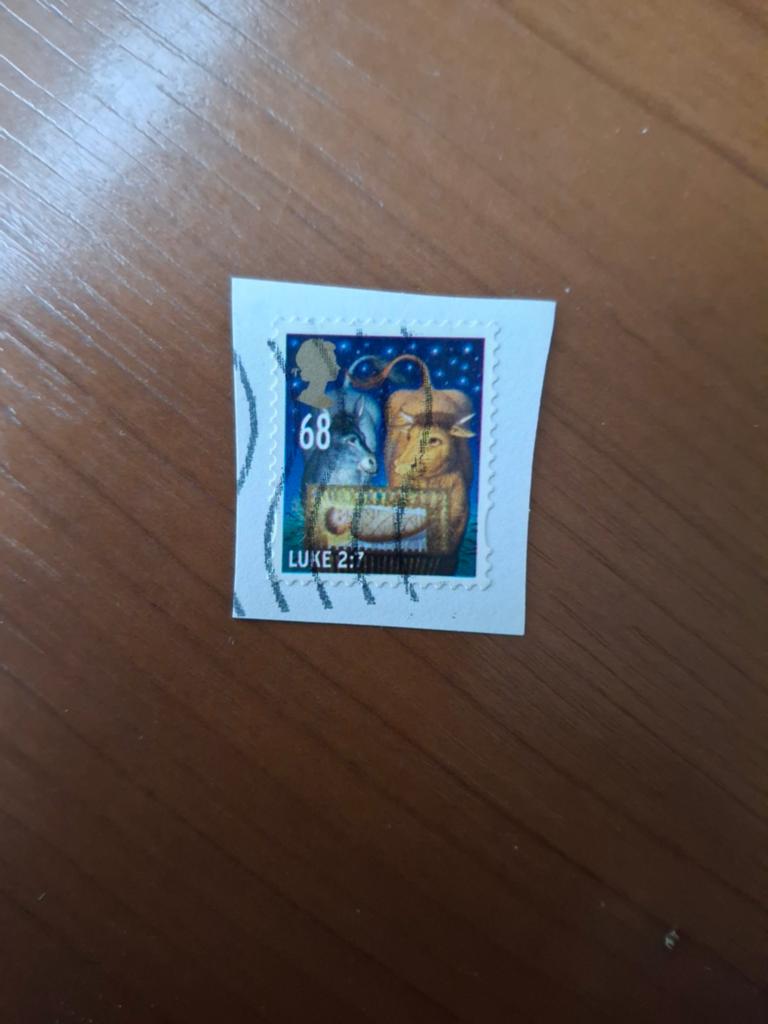 Kerstzegel 68p met ezel en os - Bijbelse scène, Ophalen of Verzenden, Gestempeld