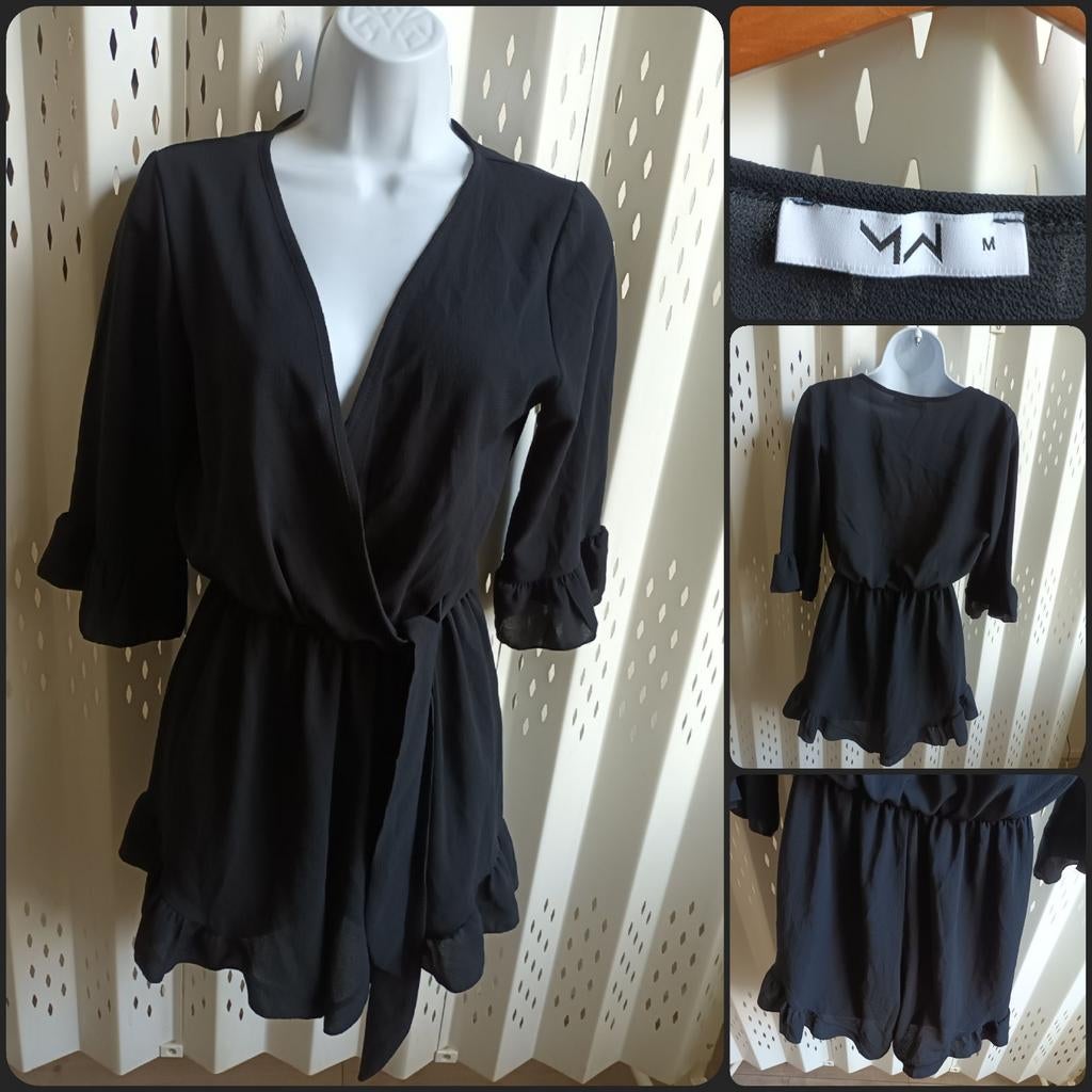 Zwarte jumpsuit van MM met V-hals en strik shorts M, Maat 38/40 (M), Zwart, MM, Ophalen of Verzenden