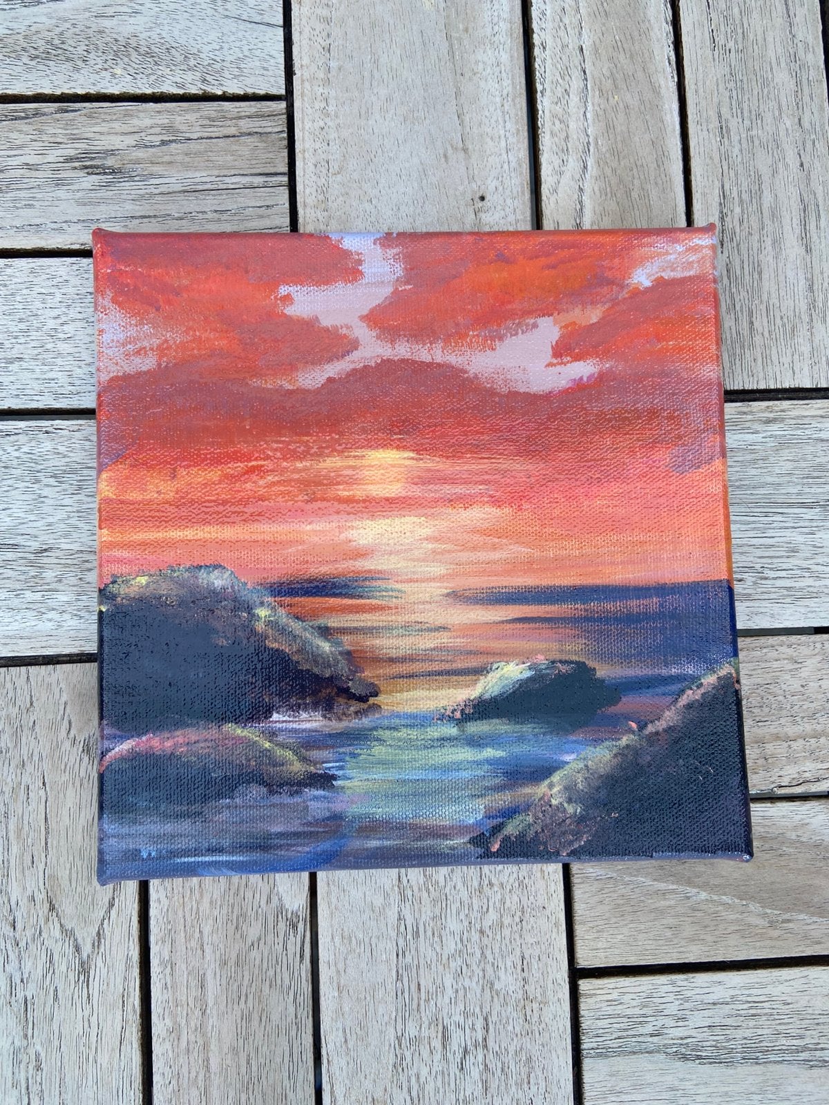 Schilderij ondergaande zon, Antiek en Kunst, Ophalen