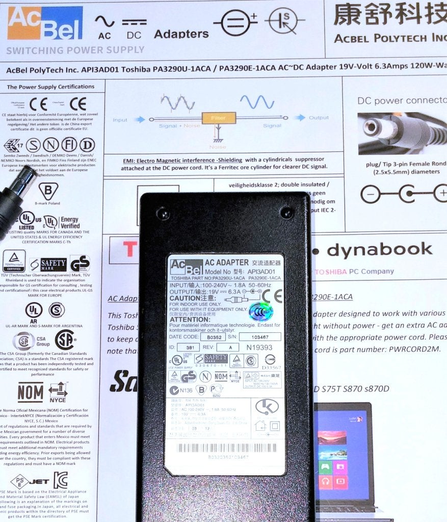 AcBel API3AD01 Toshiba PA3290U-1ACA 19V 6.3A 120W Adapter, Ophalen of Verzenden, Zo goed als nieuw, Toshiba Dynabook