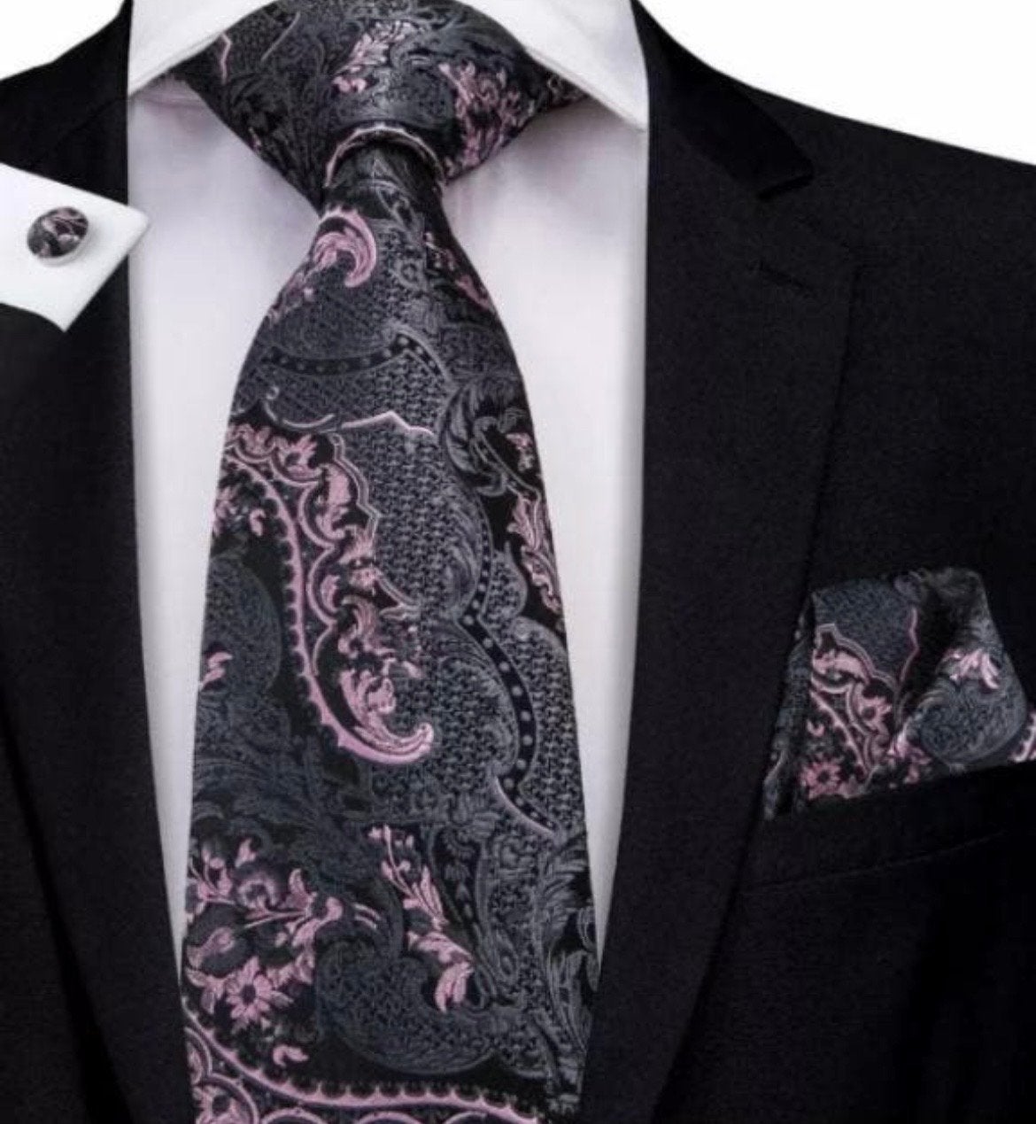 Stropdas, pochet & manchetknopen Roze 100% zijde - Nieuw, Ophalen of Verzenden, Nieuw, Meerkleurig, Met patroon