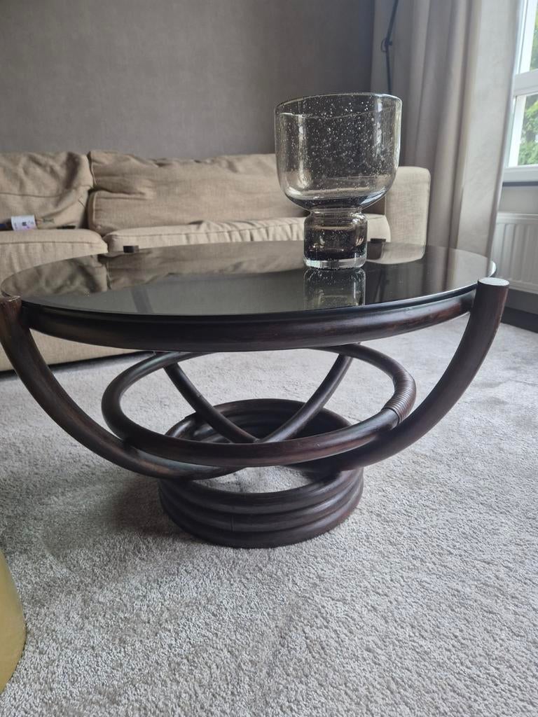 Vintage manou salontafel jaren 70 met blad van gerookt glas, Ophalen, 100 tot 150 cm, 50 tot 100 cm, Rechthoekig