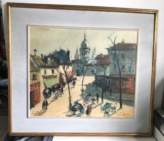 Schilderij Parijs Montmartre Basiliek B. Lignon 1928😍💑🎁👌, Antiek en Kunst, Bijzondere lijst, Ophalen of Verzenden, Stads- / dorpsgezicht