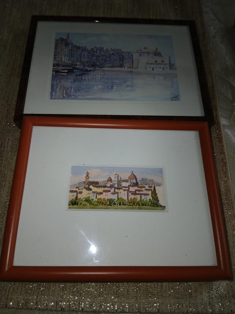 Twee ingelijste aquarellen van Italiaanse stadsgezichten, Antiek en Kunst, Ophalen of Verzenden