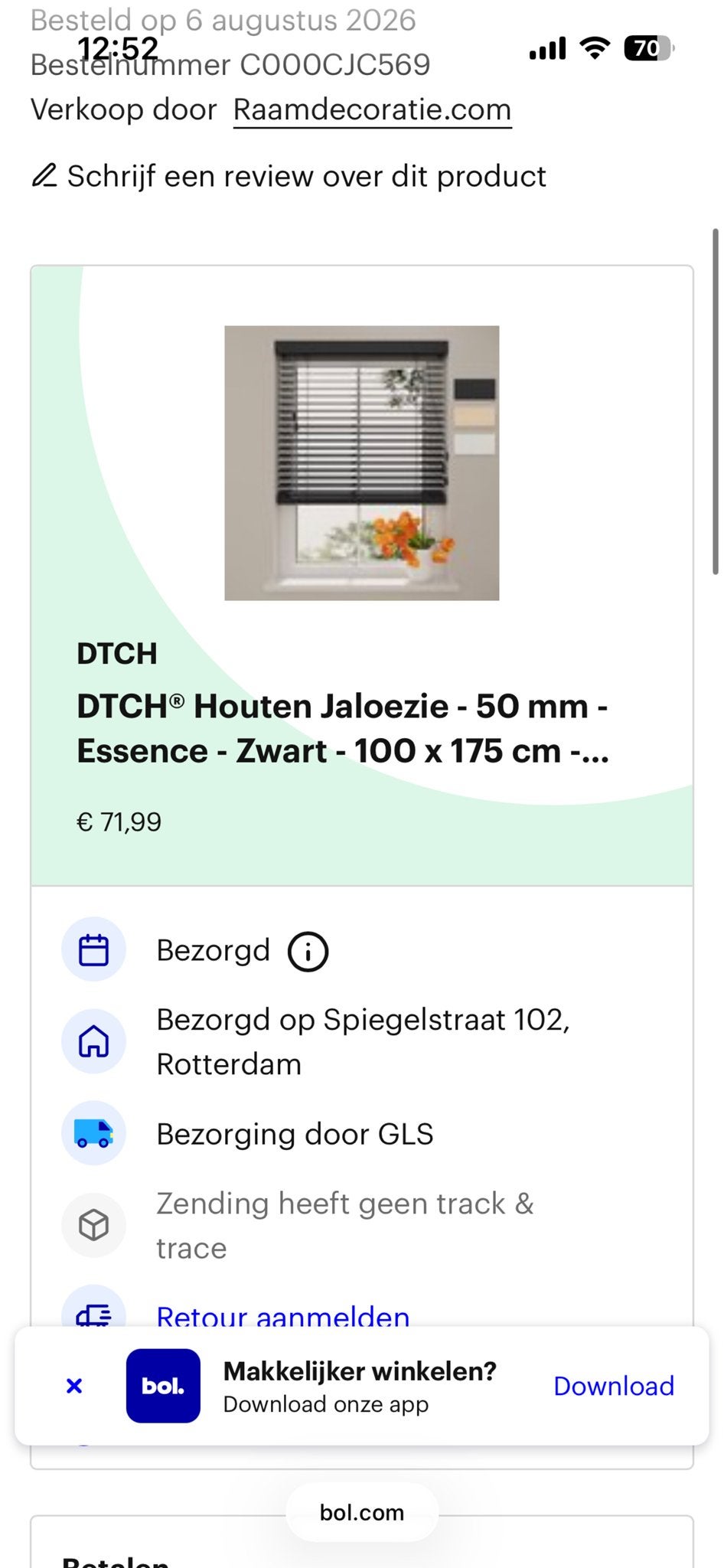 DTCH Houten Jaloezie - Zwart - 100 x 175 cm, Ophalen, Jaloezie, Overige merken, Zwart