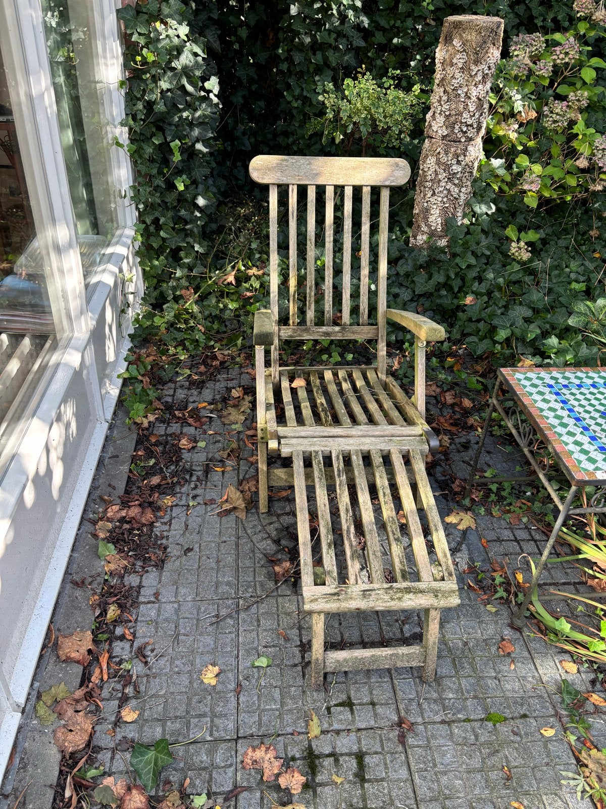 Sunward Teakhouten Ligstoel met Voetenbank en Kussen, Tuin en Terras, Ophalen, Gebruikt
