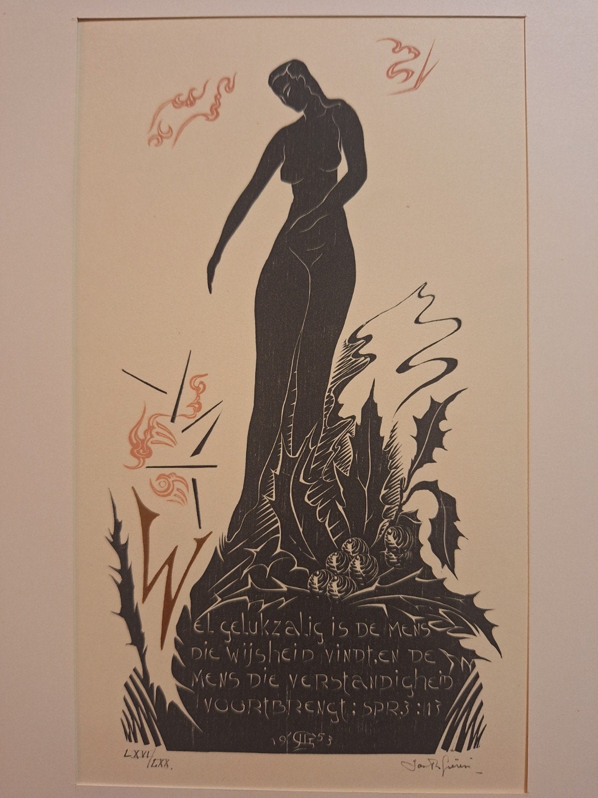 Houtsnede van Jan th Giesen - Vrouw met tekst (1953), Antiek en Kunst, 1950 - 1999, Portret, Gesigneerd, Ophalen of Verzenden