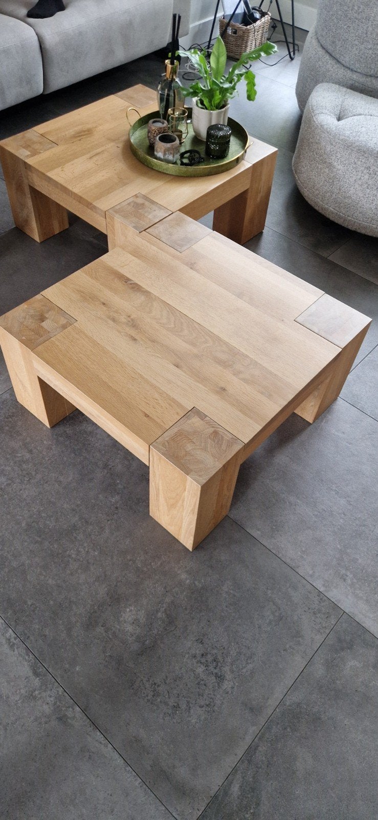 2x Massief Eiken Salontafels Blank Gelakt 75x75x35cm, Huis en Inrichting, Ophalen