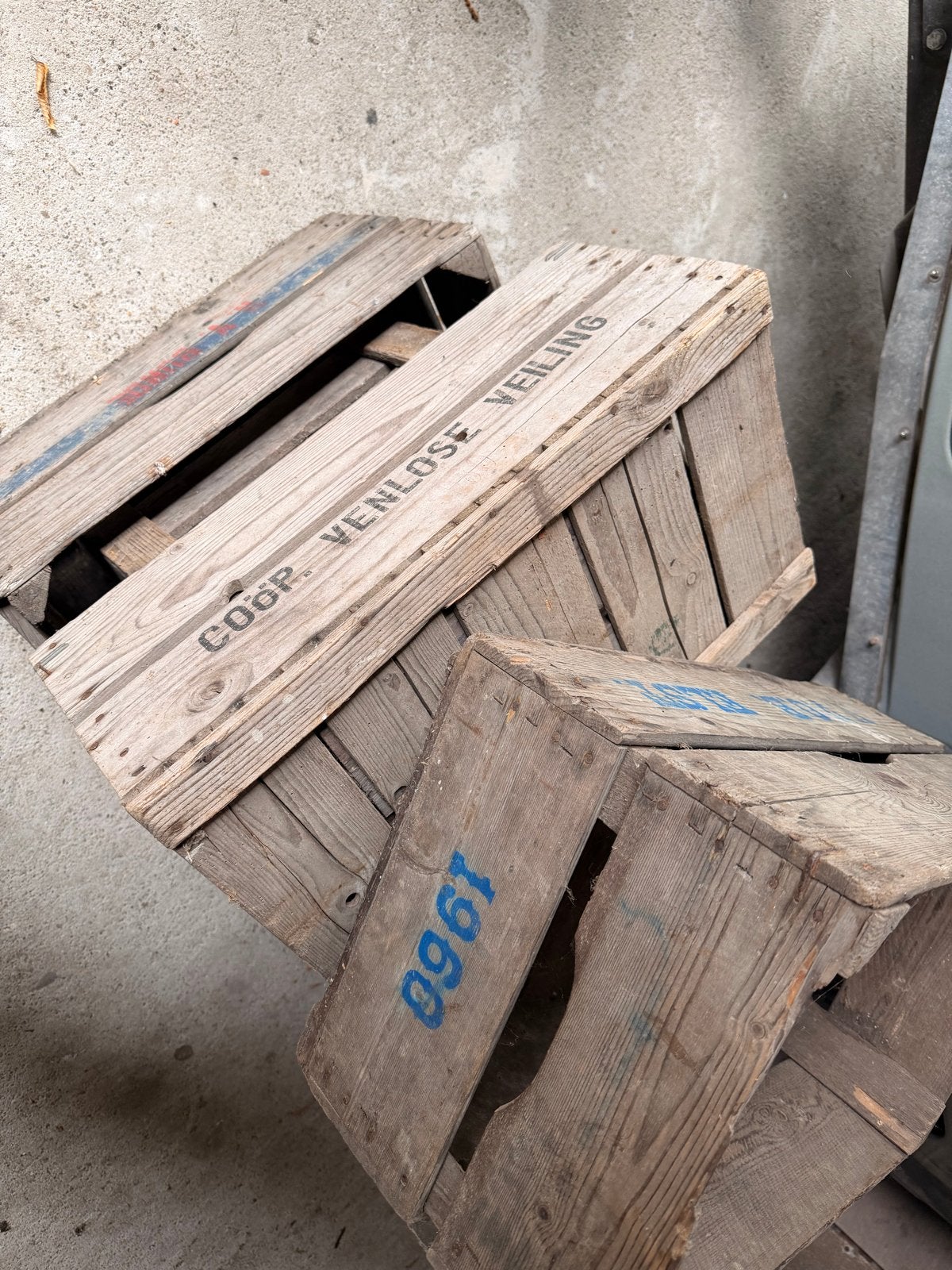 Vintage houten veilingkisten, Ophalen, Gebruikt, 40 tot 60 cm, 50 tot 75 cm