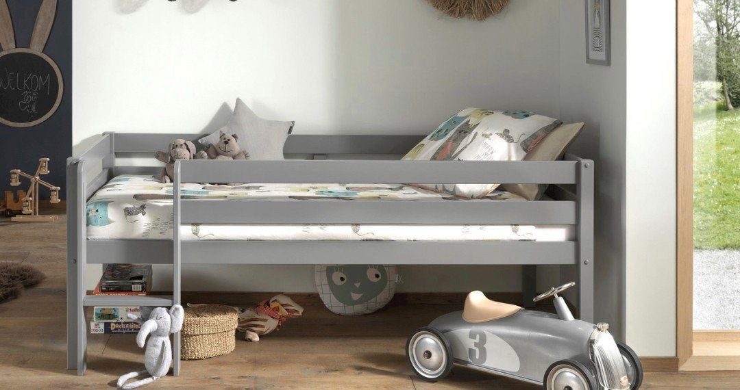 Halfhoogslaper grijs - Kinderbed 90x 200cm, Ophalen, 85 tot 100 cm, Zo goed als nieuw, Hoogslaper of Stapelbed