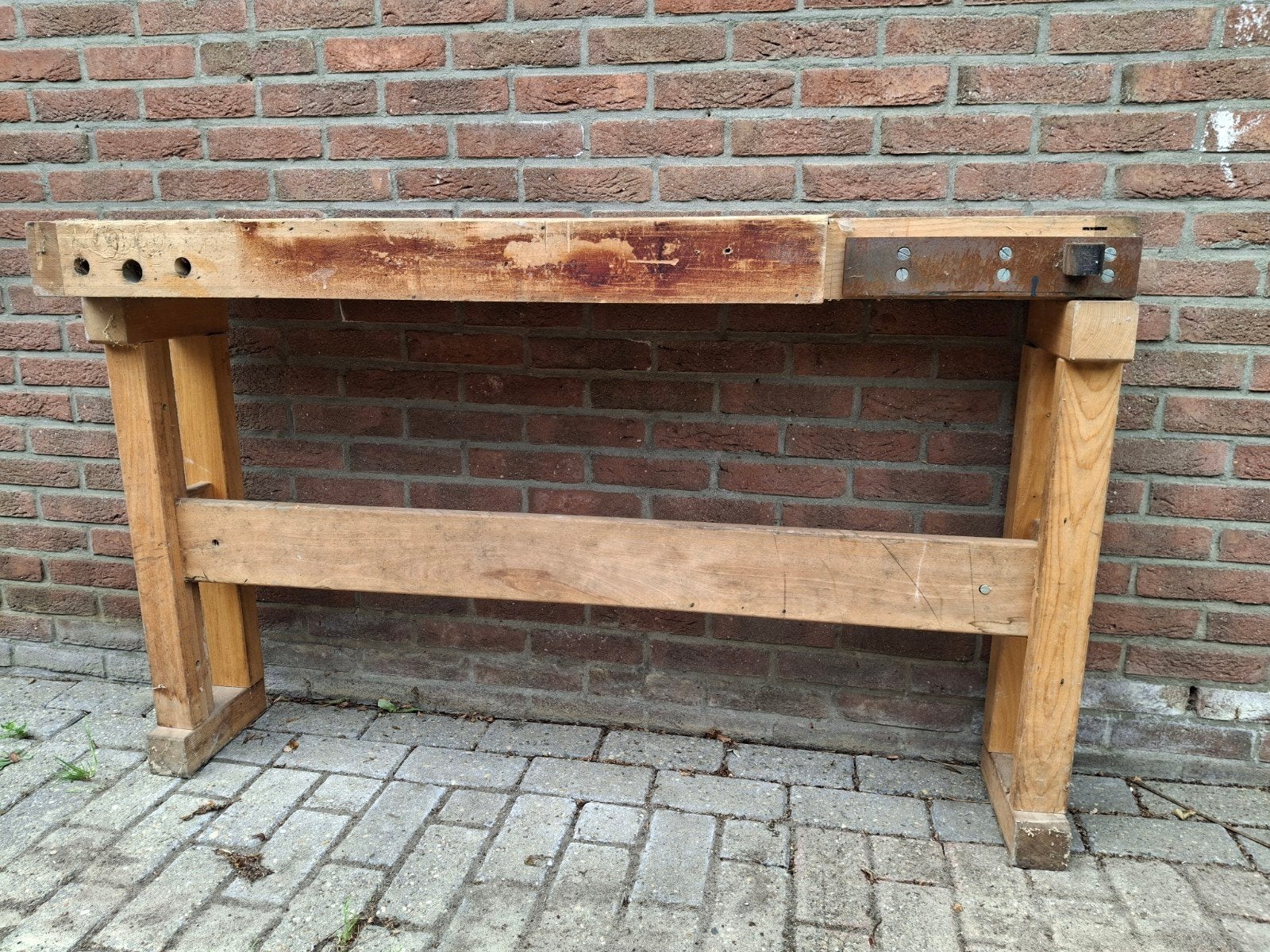 Beukenhouten halve werkbank - Prachtig als sidetable, Ophalen, Gebruikt, 100 tot 150 cm, Industrieel, Rustiek