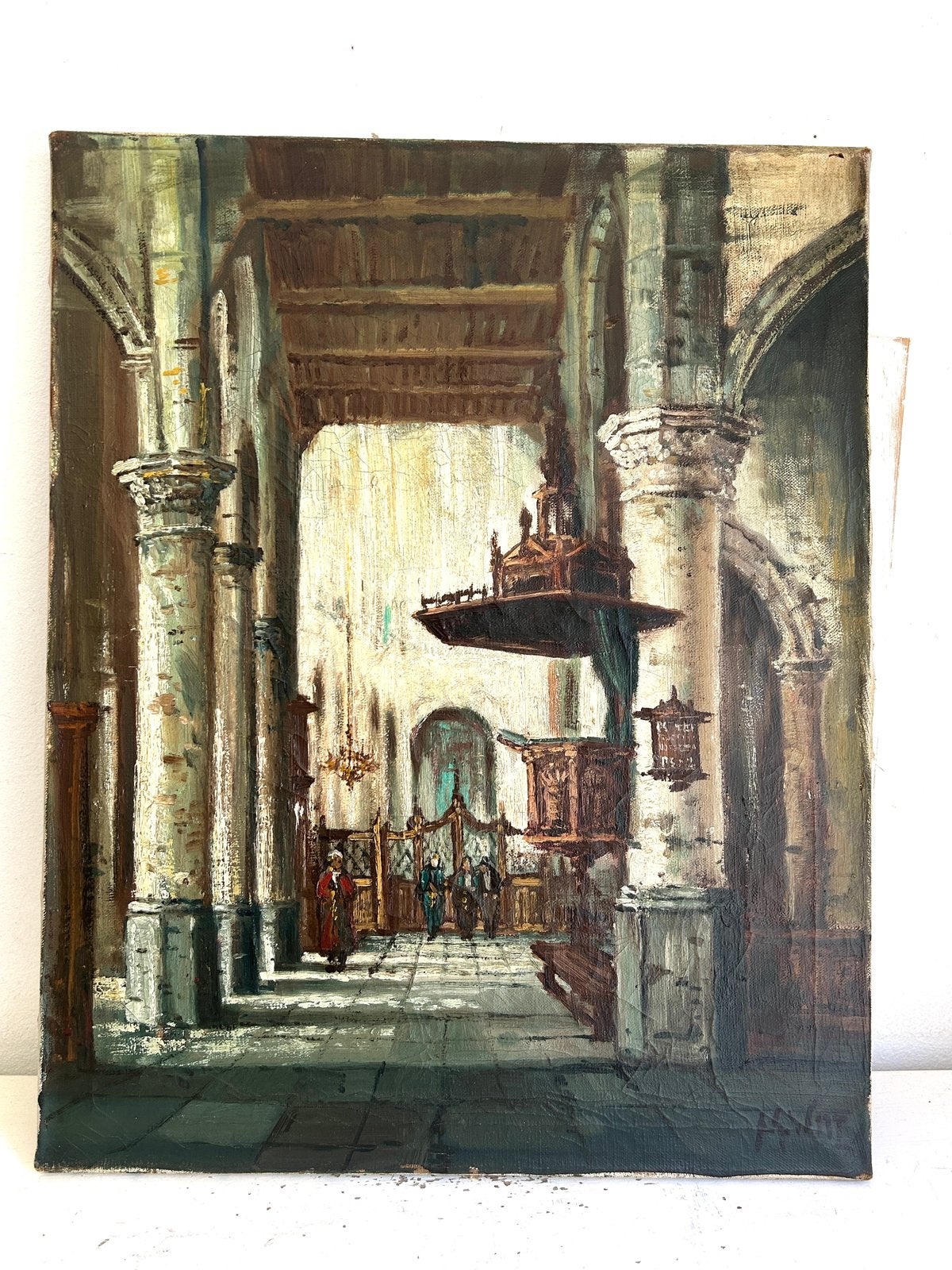 Antiek olieverf schilderij kerk interieur 40 x 50 cm, Ophalen