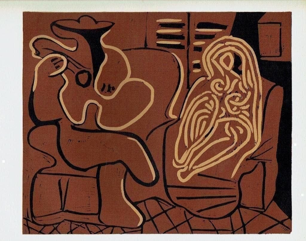 Picasso Guitar Player and Seated Woman Linocut, Verzenden, Houtsnede