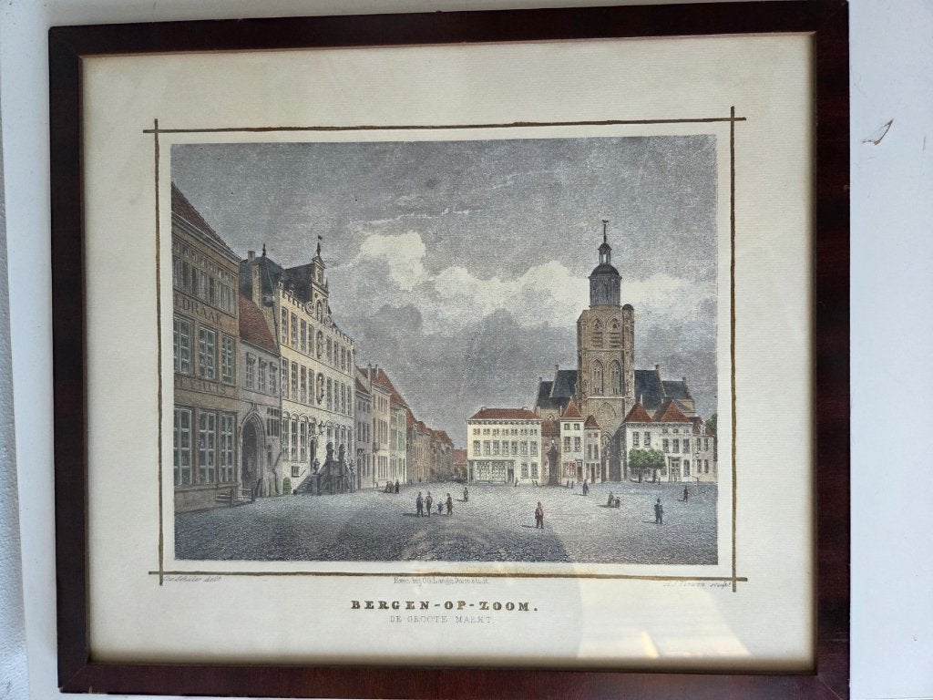 handgekleurde gravure Chr. Schuler - Bergen op Zoom, Antiek en Kunst, Kunst | Etsen en Gravures, Ophalen of Verzenden, Gravure