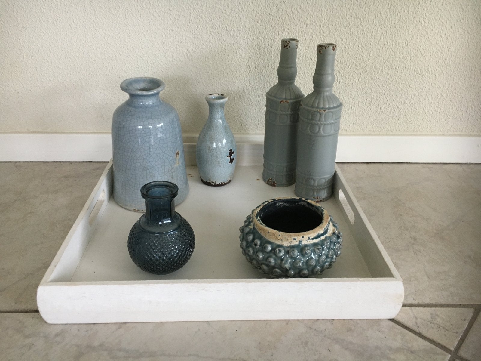 Vazen potten flessen geglazuurd ijs blauw/grijs H 7-25 cm, Huis en Inrichting, Ophalen of Verzenden, Zo goed als nieuw, Blauw