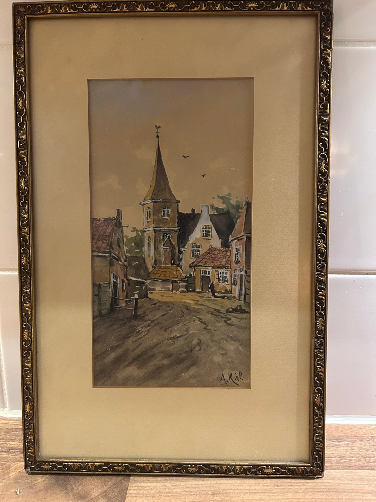 Schilderij Lambertuskerk Menaam, Friesland - A. Riep, Antiek en Kunst, Ophalen of Verzenden, Gesigneerd, Aquarel, Papier