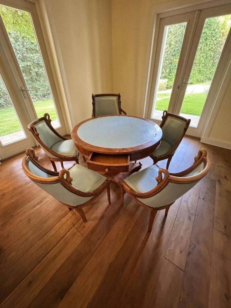 Bridge speeltafel met 5 stoelen - Burl hout en leer, Ophalen