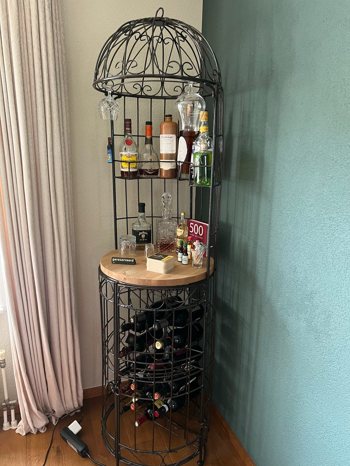 Vintage Smeedijzeren Wijnrek met Bar en Opbergruimte, Huis en Inrichting, Ophalen, Gebruikt, 15 tot 25 flessen, Metaal