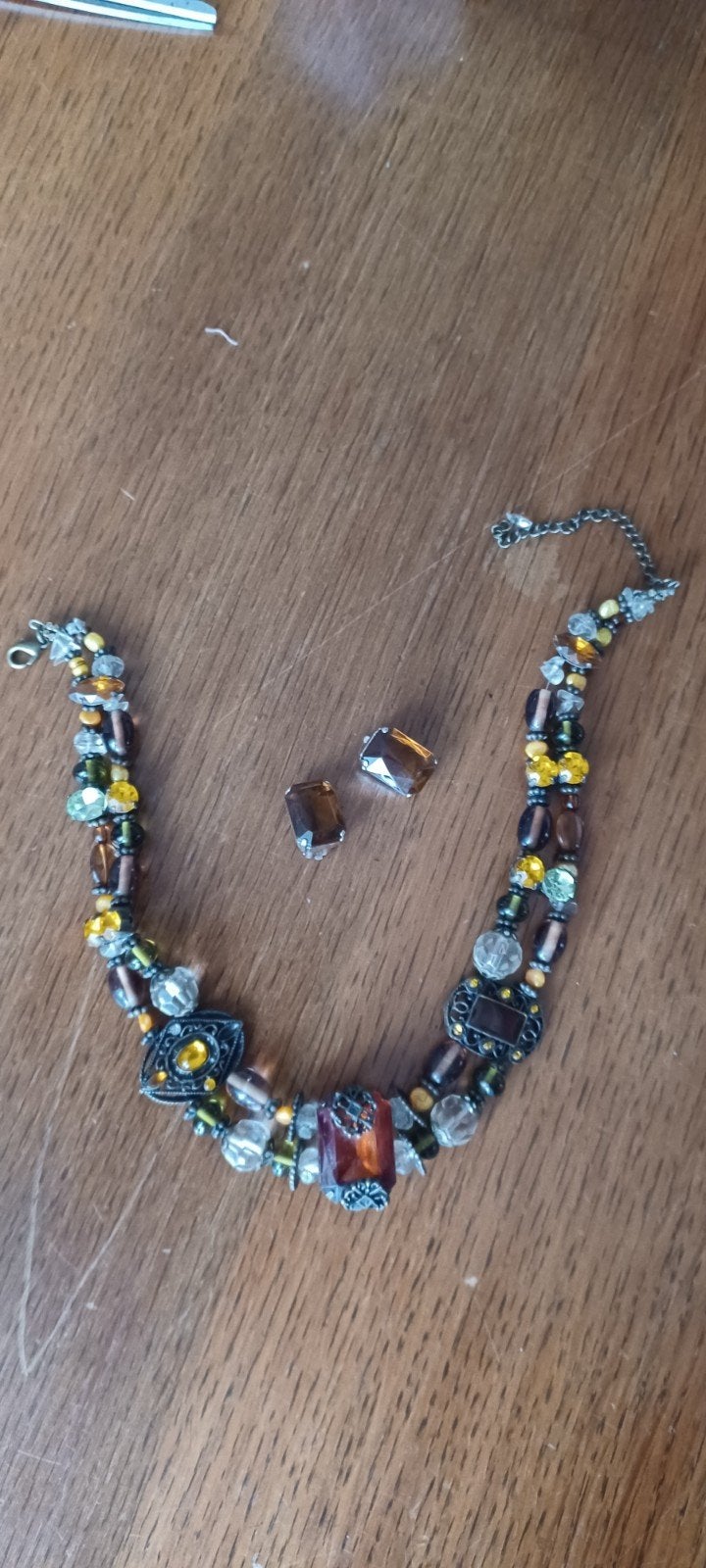 Vintage ketting met oorbellen - bruin, oranje, Overige materialen, Gebruikt, Bruin, Ophalen of Verzenden