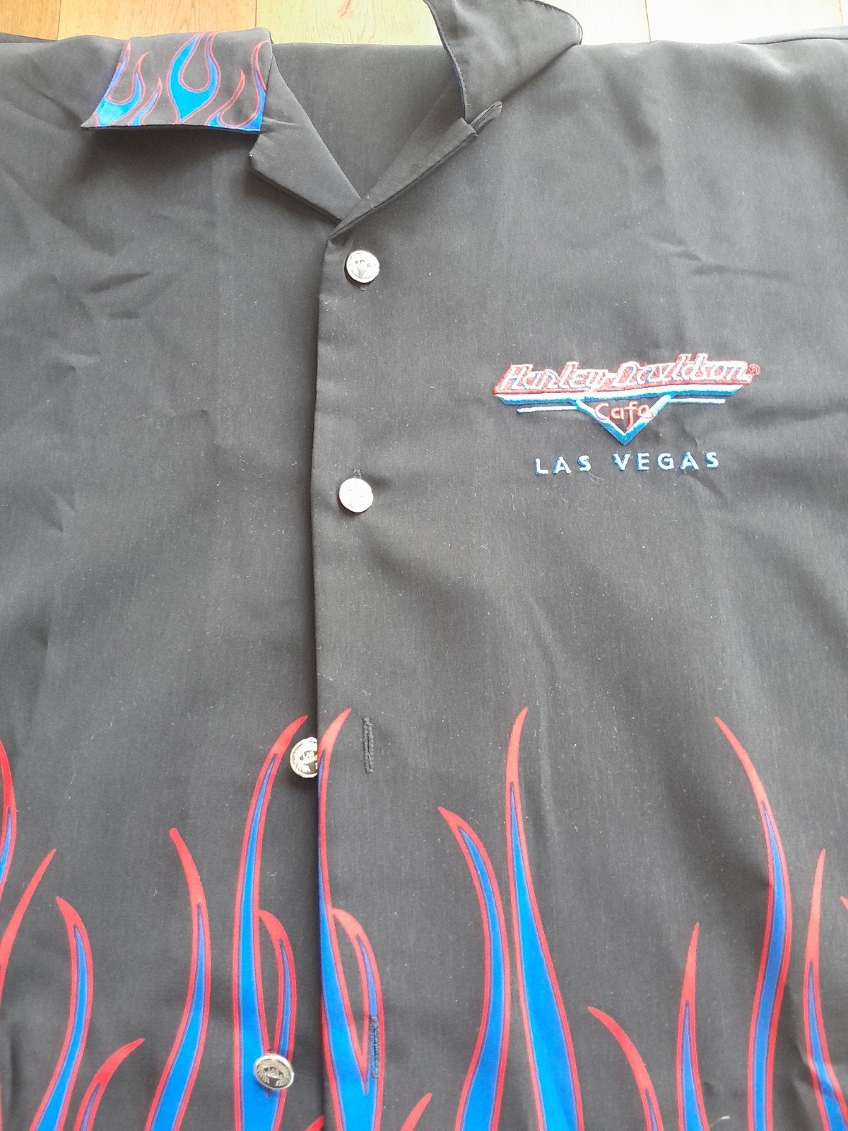 Harley-Davidson Cafe Las Vegas overhemd met vlammen, Zwart, Gedragen, Harley-Davidson, Halswijdte 39/40 (M)