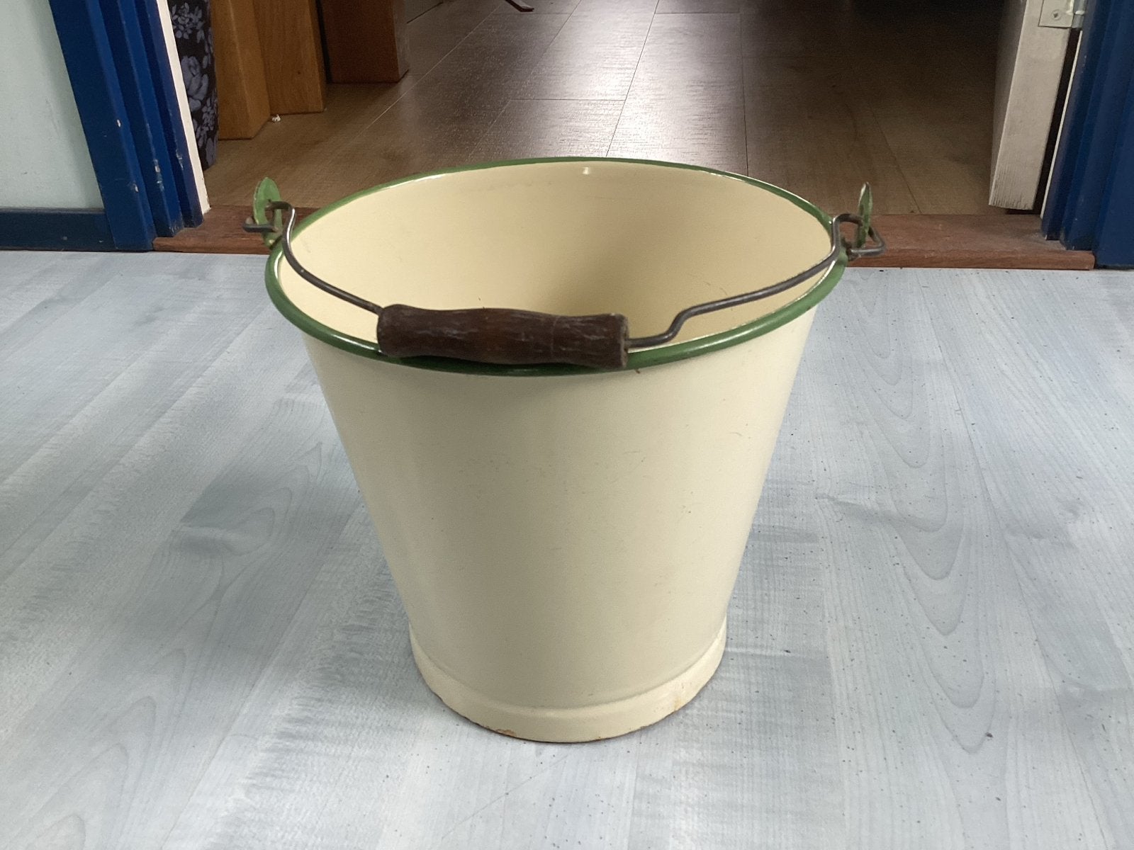 Vintage emaille emmer 5 liter - Crème met groene rand, Antiek en Kunst, Ophalen of Verzenden