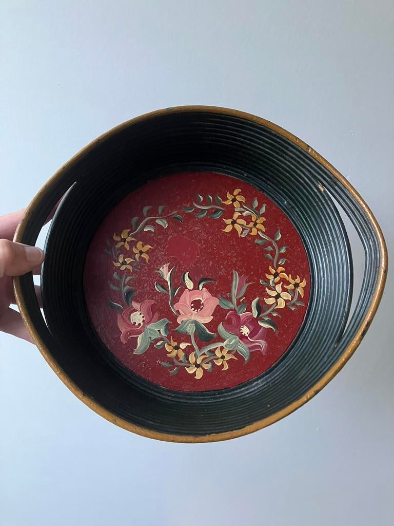 Vintage brocante houten decoratie rood bloem dienblad schaal, Ophalen of Verzenden