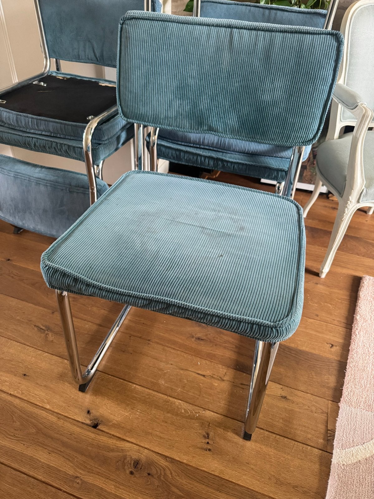 Eettafel stoelen - blauw, Gebruikt, Blauw, Ophalen of Verzenden, Metaal