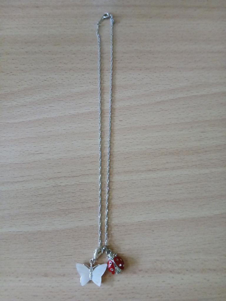 Dames ketting met vlinder en lieveheersbeestje hanger, Gebruikt, Ophalen of Verzenden, Zilver, Overige materialen