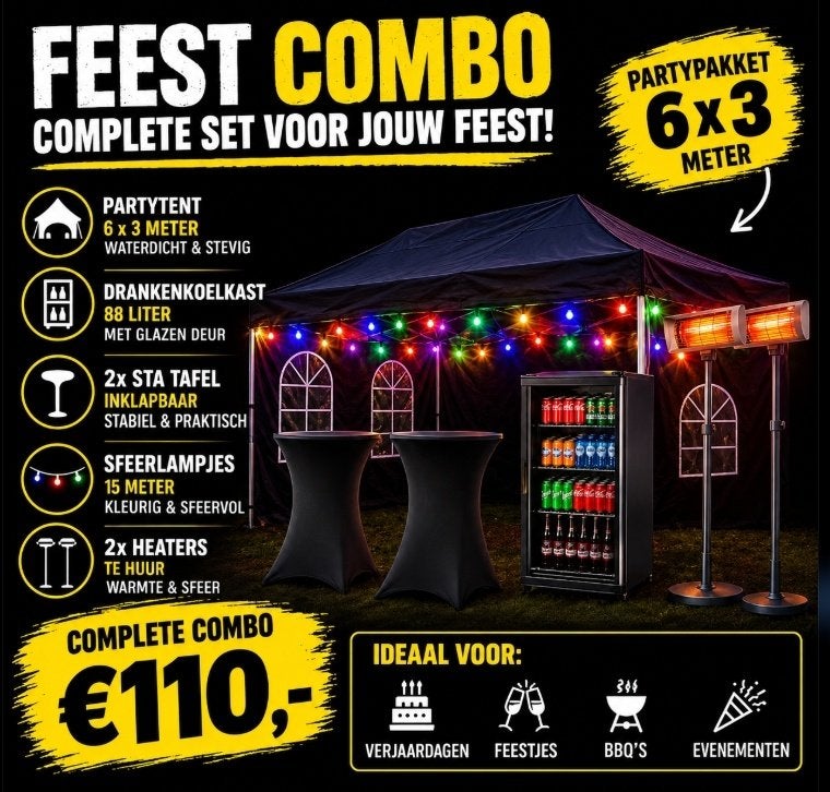 easy up partytent 6x3m + Koelkast + Statafels + Heaters €110, Ophalen, Partygalaxyshop@hotmail.com, Partygalaxyshop, Opvouwbaar