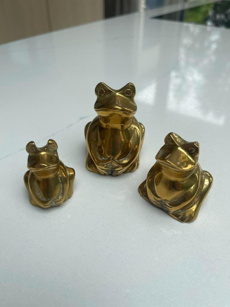 Set van 3 messing kikkers - Vintage decoratie 6-4-3cm, Vintage, Gebruikt, Ophalen of Verzenden, Goud