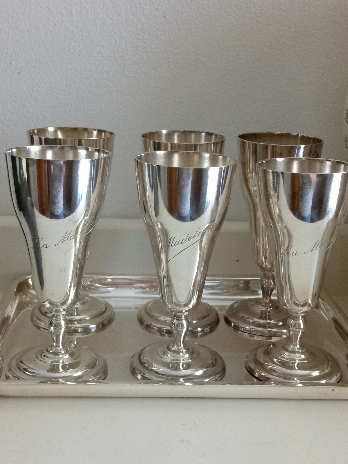 Verzilverde bekers / fluten 'La Madeleine' + present. blad, Ophalen of Verzenden, Zilver