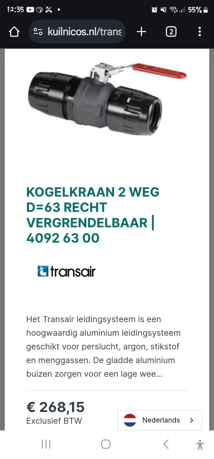 Transair T-koppelingen en kogelkraan D63, Ophalen, Overige typen, 60 tot 80 mm, Minder dan 2 meter