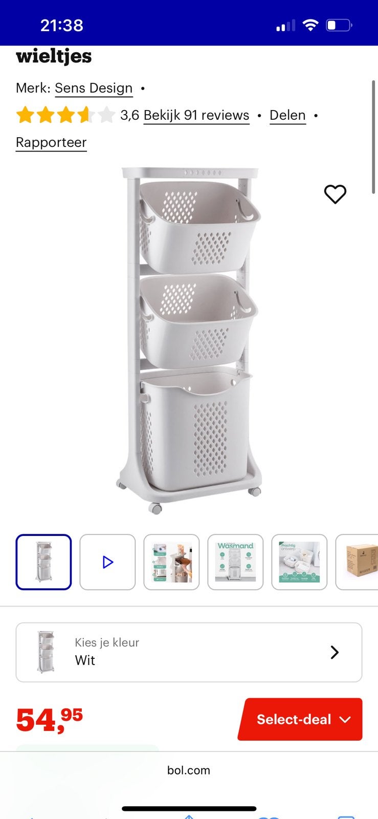 Wasmand 3 Vakken - Wit - Wasmand Met Wieltjes, Ophalen, Zo goed als nieuw, Wasrek